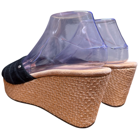 UGG Alvina Women's 7 Black Leather Suede Beige Wedge Heel Slip On Sandal Comfort - Picture 7 of 13